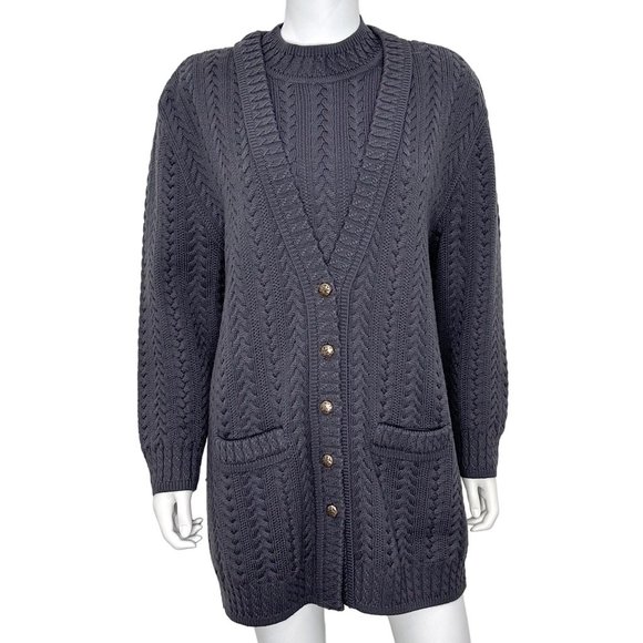 Fabrice Karel Paris Mockneck Sweater & Cable Knit Cardigan Set Gray Wool Blend - Picture 1 of 16
